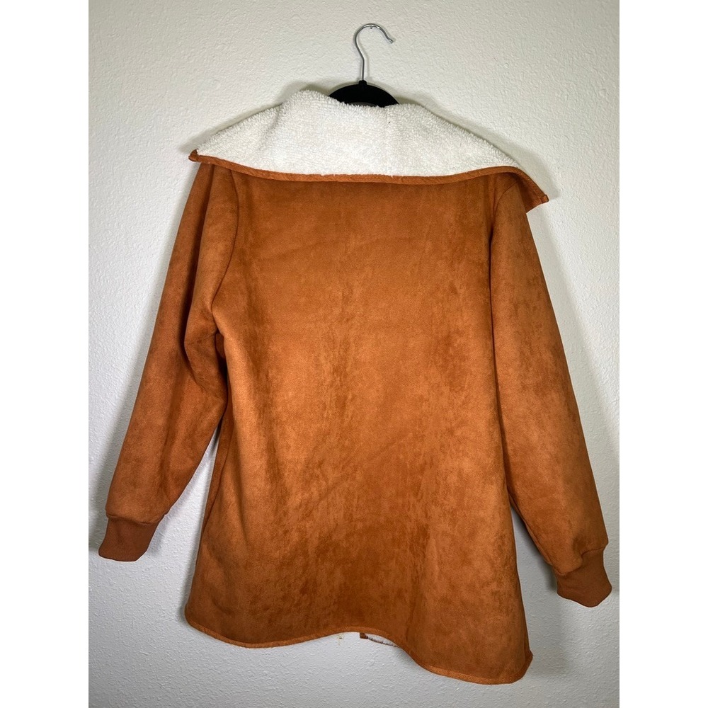 Faux Suede Sherpa Lined Open Front Jacket Size M Cognac Brown Cozy Cabincore - Picture 3 of 12